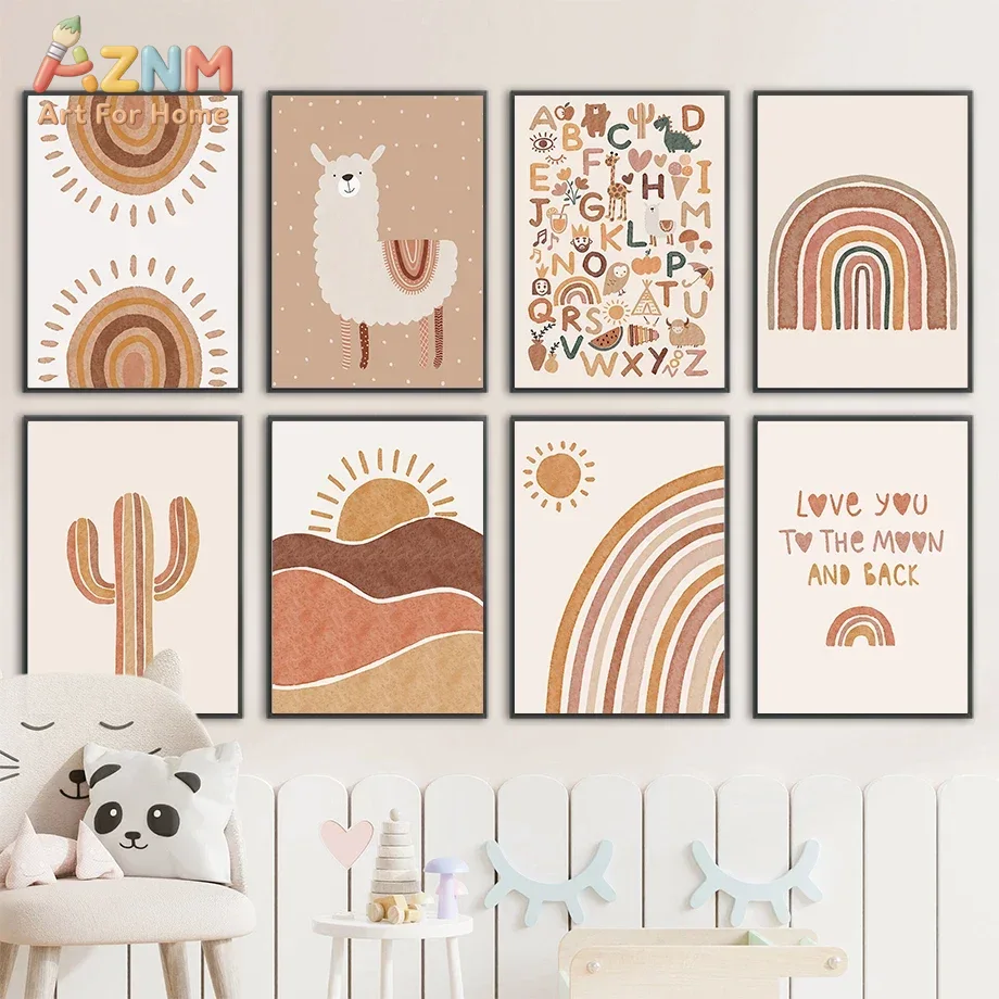 Baby Nursery Modern - Alpaca Unicorn Sun Rainbow Cactus Nursery